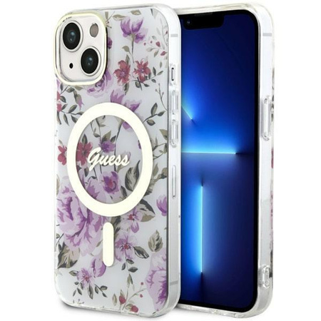 Etui Guess GUHMP14MHCFWST na iPhone 14 Plus 6.7" - przezroczyste hardcase Flower MagSafe