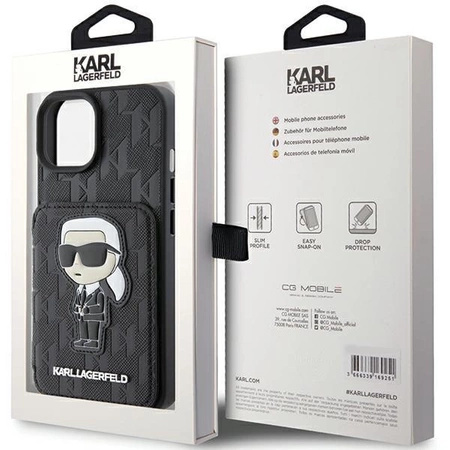 Etui Karl Lagerfeld Saffiano Cardslots and Stand Monogram Ikonik Patch do iPhone 15 - czarne