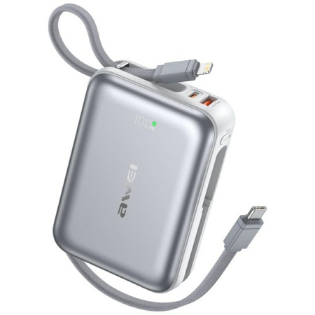 Powerbank Awei C03 20000mAh 45W USB-A/USB-C + kable Lightning/USB-C srebrny
