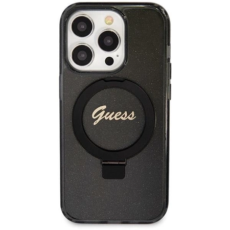 Etui Guess Ring Stand Script Glitter MagSafe na iPhone 13 Pro / 13 - czarne