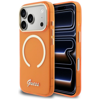 Etui Guess IML Script Metal MagSafe do   iPhone 17 Pro pomarańczowy