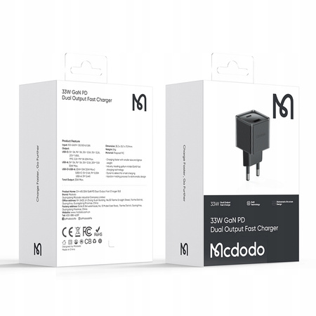 MCDODO SZYBKA ŁADOWARKA SIECIOWA DO TELEFONU ZASILACZ 2X USB USB-C 33W GAN CZARNA