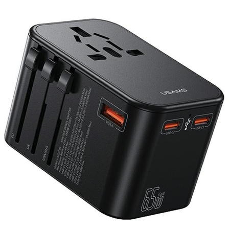 USAMS Adapter siec 1xUSB+2xUSB-C T62 65W4w1 US/AU/EU/UK czarny/black CC199TC01 (US-CC199) Univesal Travel Charger