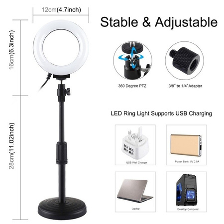 PULUZ LAMPA PIERSIĘGOWA LED Z REGULOWANĄ PODSTAWĄ DO KAMERY STREAMINGOWEJ